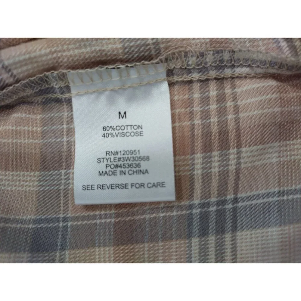 Plaid Long-Sleeve Shirt M By Hippie Rose Cotton & Viscose Beige, Button Front.